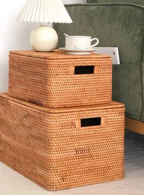 南藤编收纳带盖草编玩脏越衣服篮子竹编编织HCF收纳盒具储物陈筐