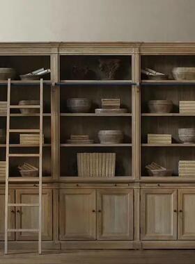 美式复古实木书柜木蜡白书木满墙带梯子实架储物VMK柜原木色展示