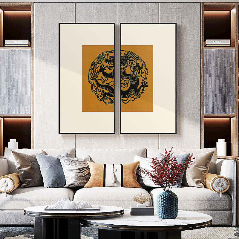 情愿重新中式传统图案饰玄关柜装画间图腾挂画双联QSYZ-CD样板壁