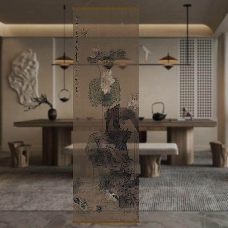 半透明荷花双透屏风纱中卷帘隔断面帘挂帘水景墨式窗帘916透光纱