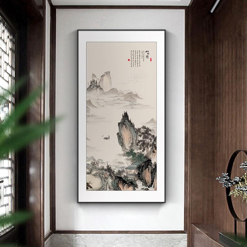 迎客画松玄关装饰画新中式入户走廊挂画竖版道茶室壁过山1水画国