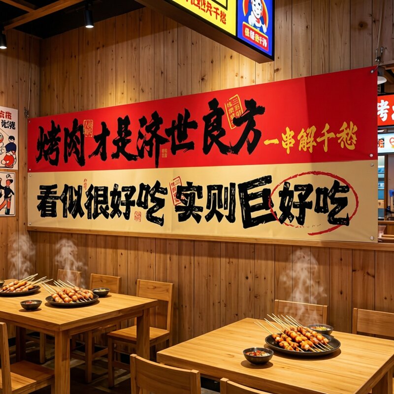 餐饮烧烤火锅店出餐口横幅挂布背景广告定制吧台门头装饰氛围布置图片