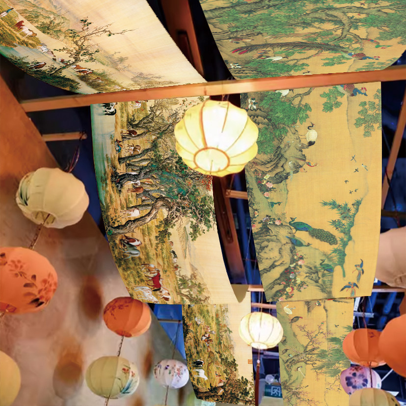 中国风天幕挂布场景装饰布置古风山水名画天花板餐厅吊顶装修天幕 - 实物图