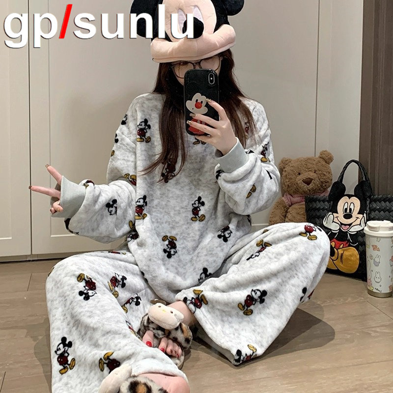 日本GP珊瑚绒睡衣女款秋冬季套头加厚保暖圆领可爱卡通家居服套装