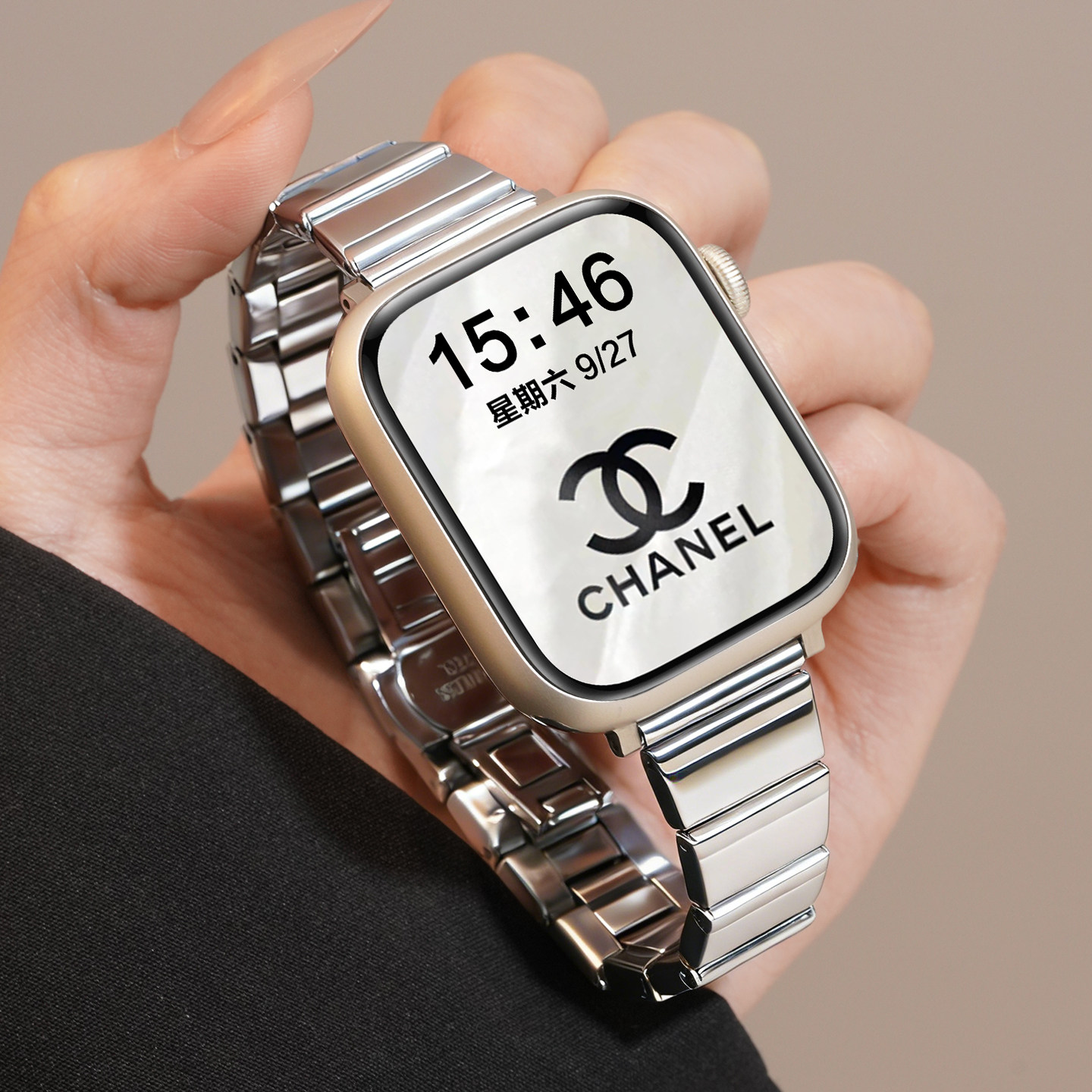 适用苹果S11手表表带小蛮腰一珠iwatchS10钢带apple watchS9金属图片