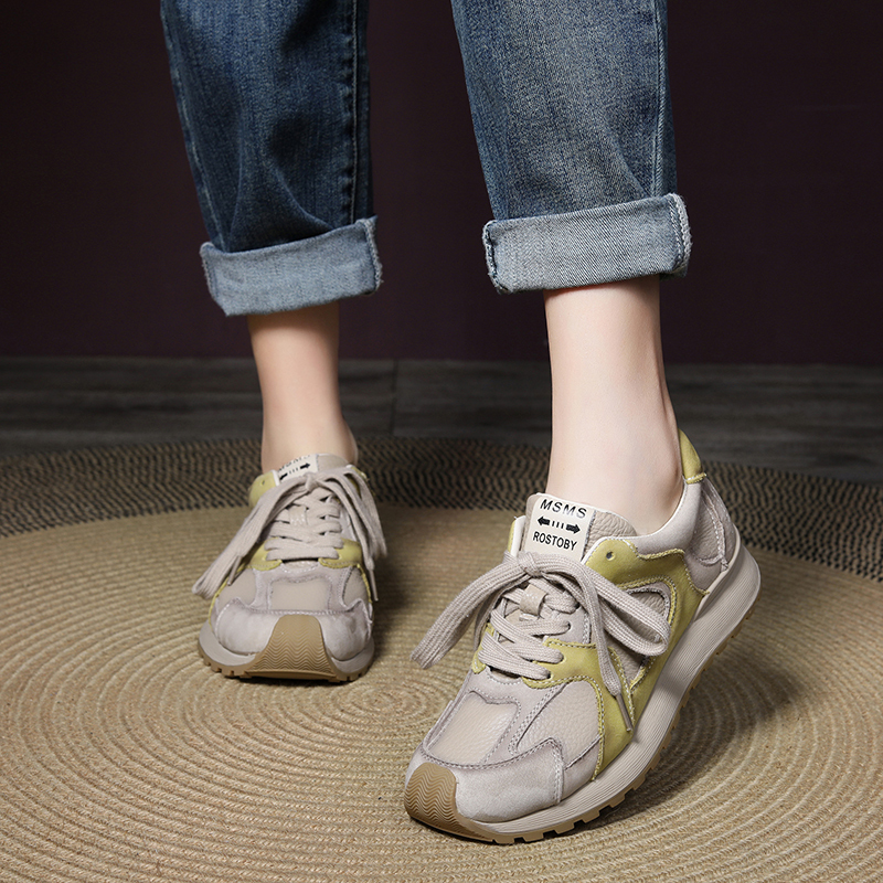 明星定制！真皮拼色阿甘鞋女新款女鞋百搭系带运动厚底休闲鞋