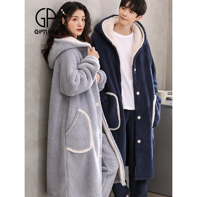 日本GP连帽睡袍男秋冬季珊瑚绒情侣睡衣女加厚长款浴袍男士家居服