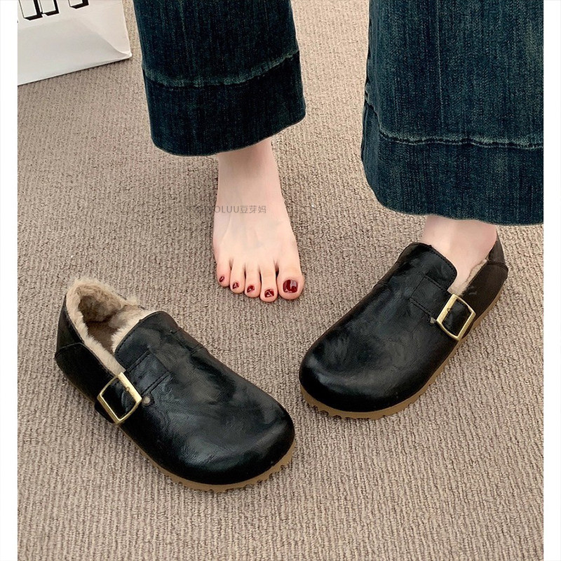 香港真皮厚底勃肯鞋女2025新款秋冬季加绒保暖复古黑色一脚蹬棉鞋