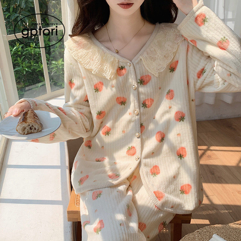 GPTORI春秋冬季睡衣女款珊瑚绒开衫纽扣法兰绒薄款加厚加绒可外穿