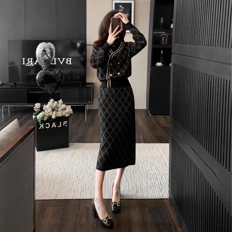 XZOXZO秋冬新款女装时尚气质名媛高级感小洋装套装针织两件套裙装