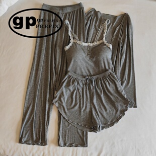 日本小众GP莫代尔睡衣女款春秋夏季性感带胸垫吊带长裤家居服套装