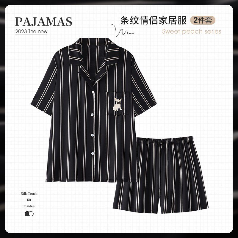 任嘉伦蔡徐坤同款情侣真丝睡衣女夏季短袖短裤长袖桑蚕丝男士套装