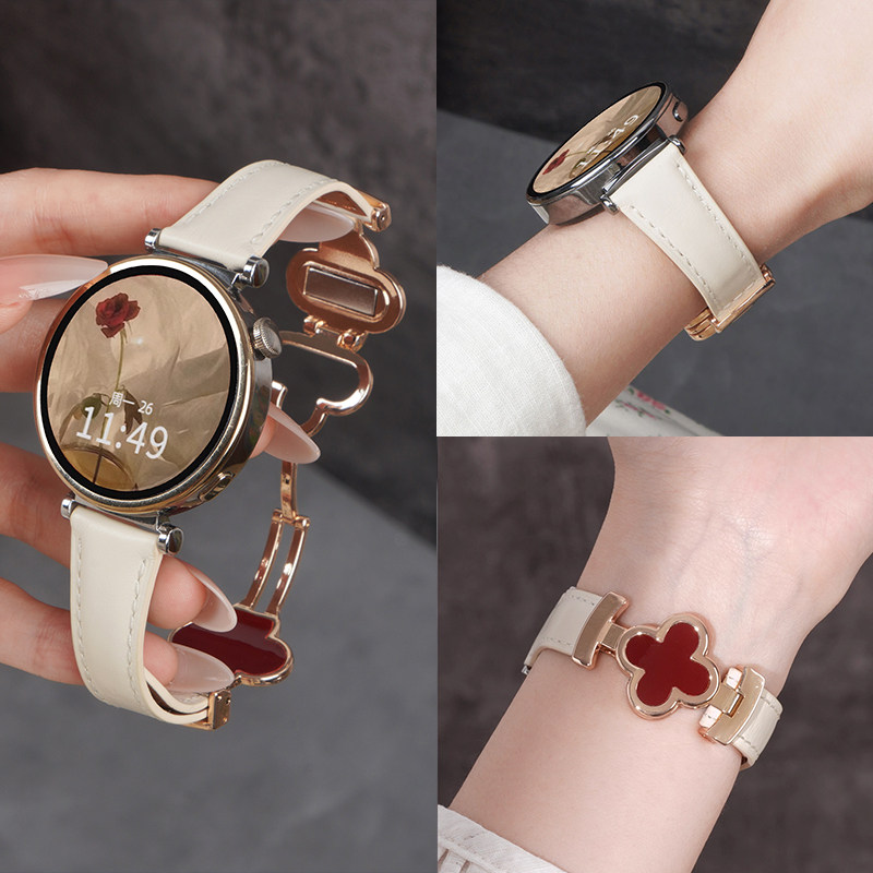 适用vivowatch5真皮表带watchgt2手表精钢新款iQoowatch四叶花磁图片