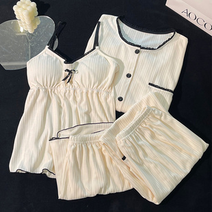 维多利亞性感纯棉吊带睡衣女夏款带胸垫春秋可爱四件套家居服套装