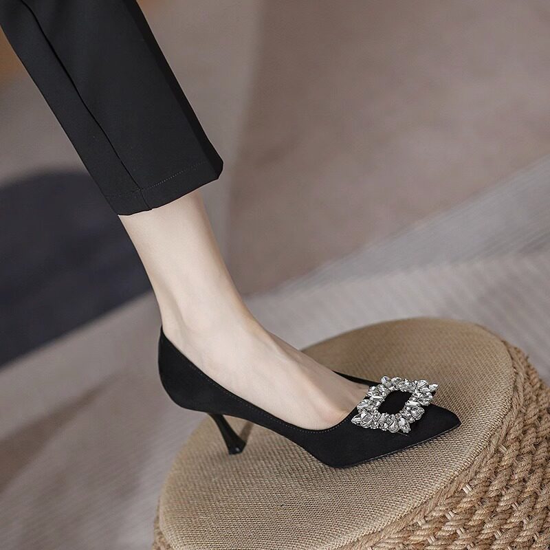 真皮不累脚高跟鞋女2025年秋季新款水钻百搭黑色绒面职业细跟单鞋