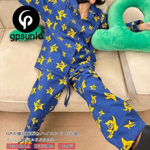日系GP开衫印花长袖睡衣女春秋冬韩版ins星星翻领长裤家居服套装