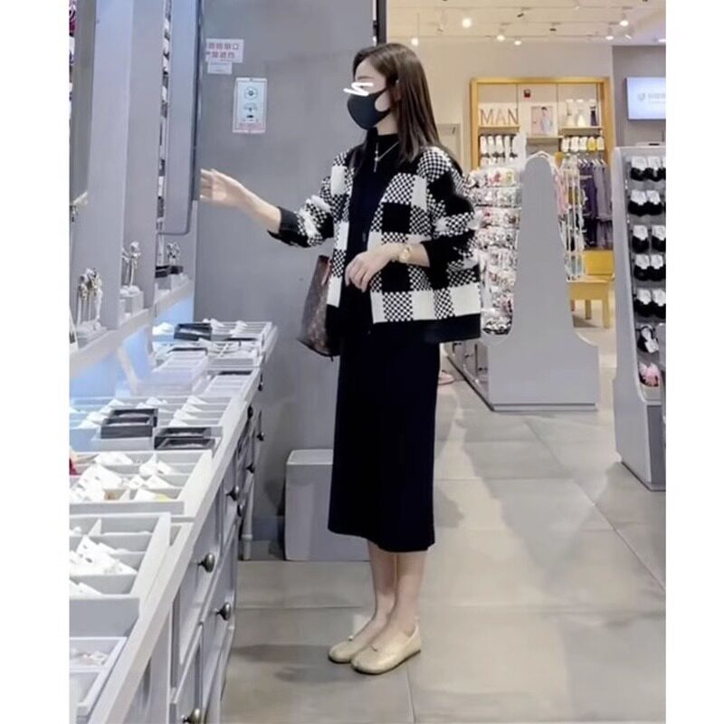 XZOXZO秋冬法式复古两件套女套装裙黑色配大衣内搭打底针织连衣裙