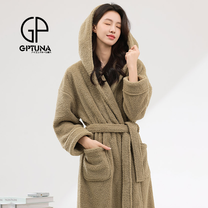日本GP半边绒睡袍女秋冬季珊瑚绒浴袍长袍睡衣长款加厚家居服冬天