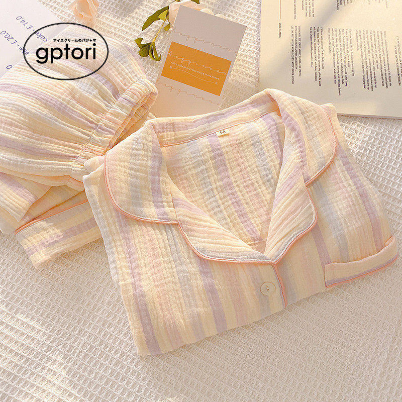 GPTORI日系纱布春秋季纯棉睡衣女款长袖带胸垫家居服条纹棉纱套装