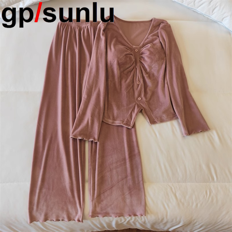 日本GP海岛绒睡衣女春秋冬季新款带胸垫加厚保暖可外穿家居服套装