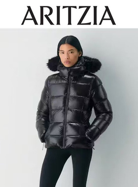 加拿大正品Aritzia中长款6格收腰毛领鹅绒亮面puff收腰羽绒服外套