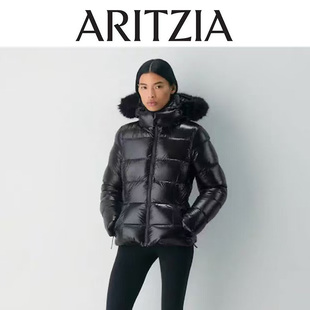 加拿大正品Aritzia中长款6格收腰毛领鹅绒亮面puff收腰羽绒服外套