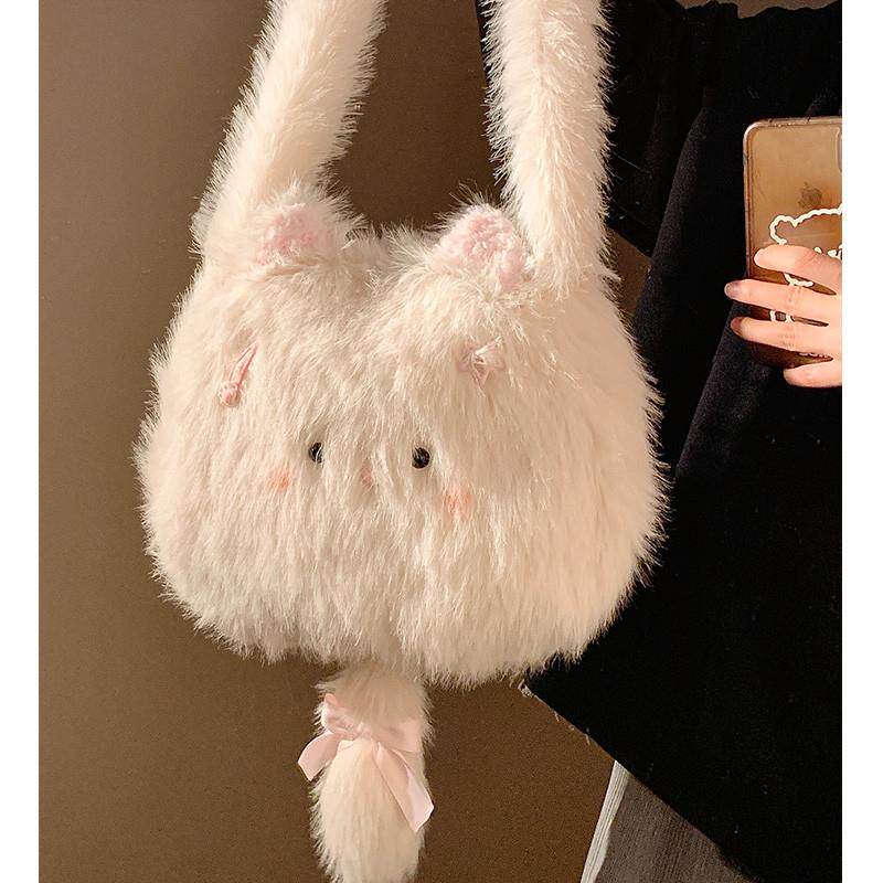 可爱毛绒猫咪手提包包女秋冬大容量单肩斜挎包帽子围巾2024新款