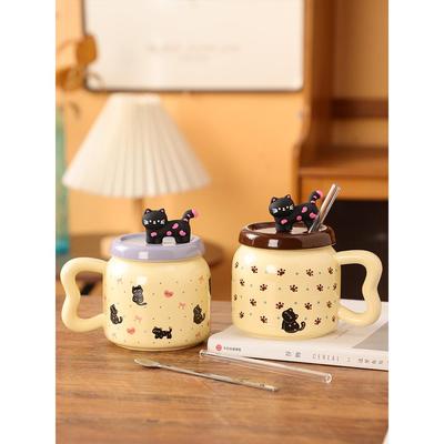 可爱猫咪吸管杯陶瓷马克杯带盖生日礼物送女生情侣杯奶茶杯喝水杯