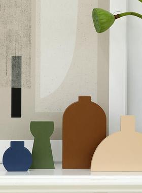 莫兰迪色系摆件 简约玄关装饰品 客厅木质花瓶组合 ins风软装道具