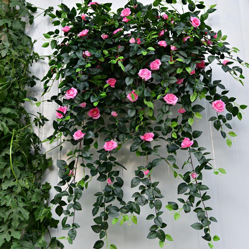 仿真玫瑰花藤墙面壁挂墙上装饰花墙假花吊兰藤条壁挂花吊花垂吊花