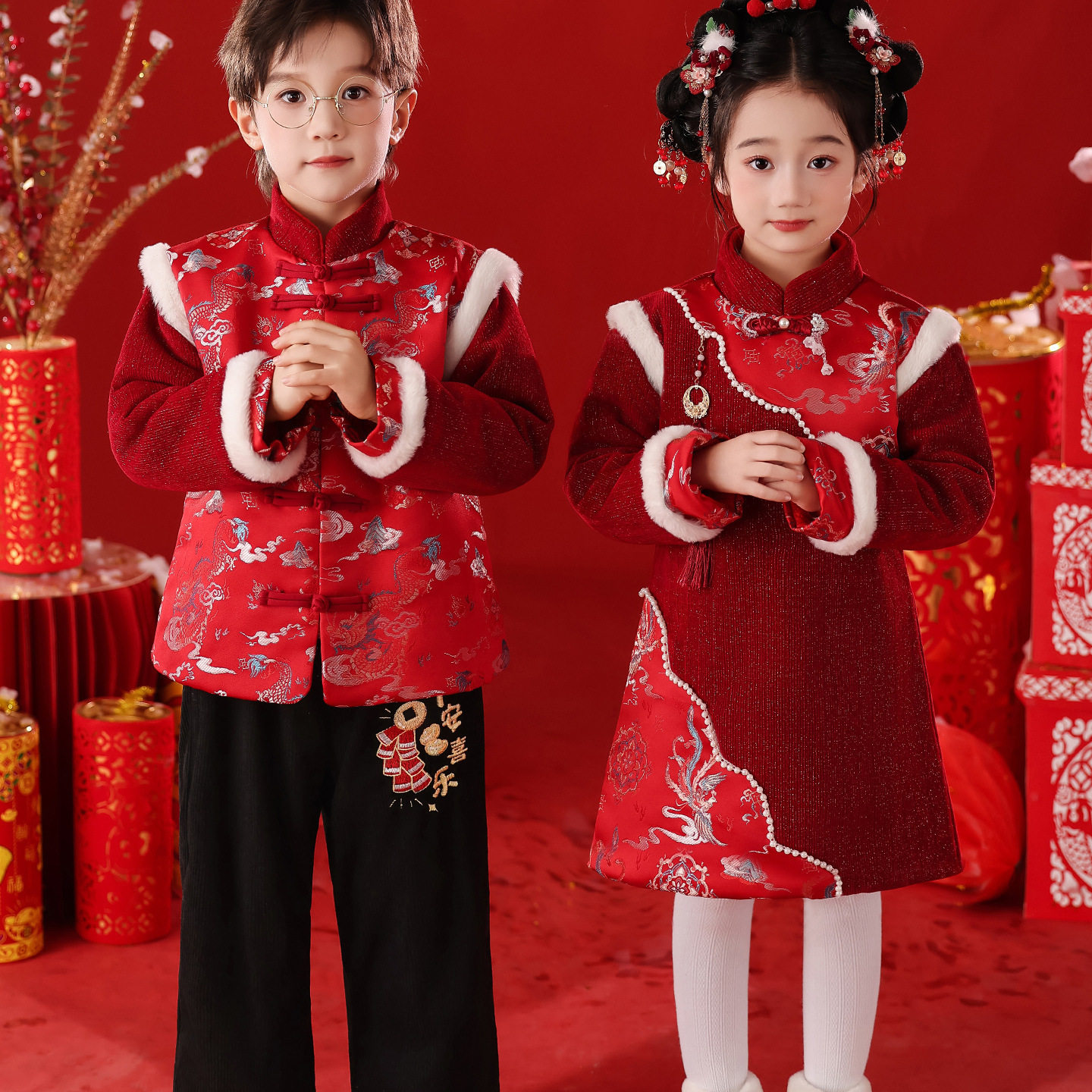 拜年服女童元旦儿童演出服新年幼儿园舞蹈表演服装开门红喜庆服