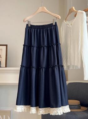蕾丝拼接深蓝色仿牛仔半身裙女秋25新款宽松百搭中长流苏A字伞裙