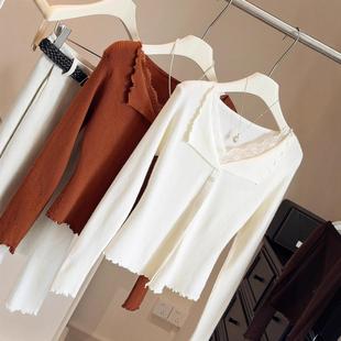 修身 女秋冬新款 V领内搭上衣 针织衫 假两件木耳边翻领拼接蕾丝长袖