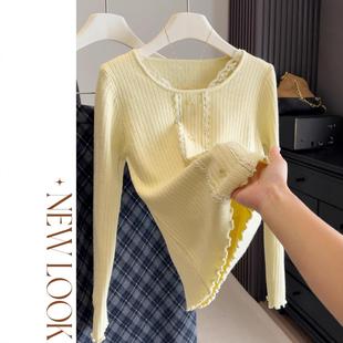 甜美蕾丝拼接花边坑条方领针织衫 减龄百搭显瘦内搭上衣 女秋冬新款