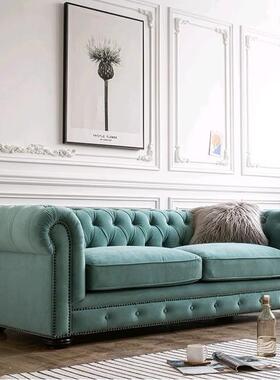 3333333古美式复简双人精致拉扣墨绿色沙发手工丝沙发民宿欧田园