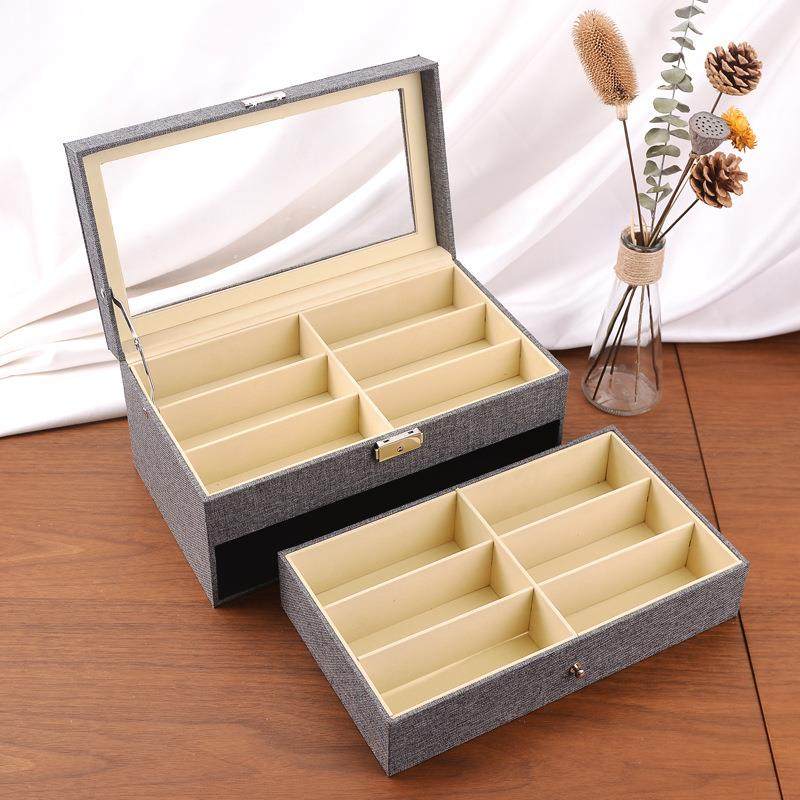 收新麻款布双层眼镜盒开窗眼收UVZ纳盒12格太阳眼镜镜墨镜展示盒