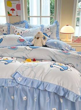 韩系公主风奶蓝色床卡裙四加W8bCf3WX件套厚磨毛床单被通套三