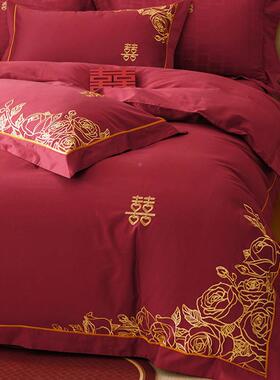 浪件8429漫季婚套庆四款澳棉纯棉四套玫瑰花卉刺绣红色结婚被床上