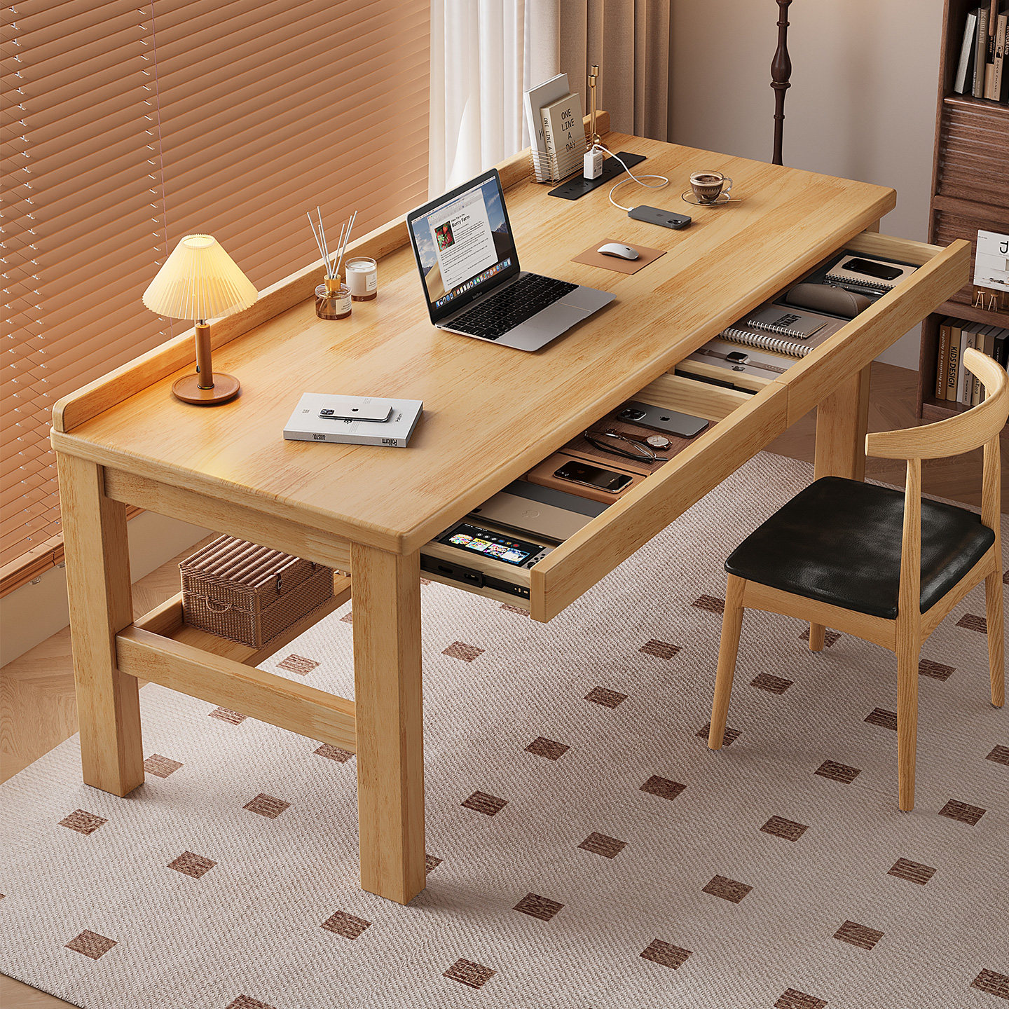 实木书桌家用简易电脑桌卧室学生写字桌子带抽屉台式办公桌工作台