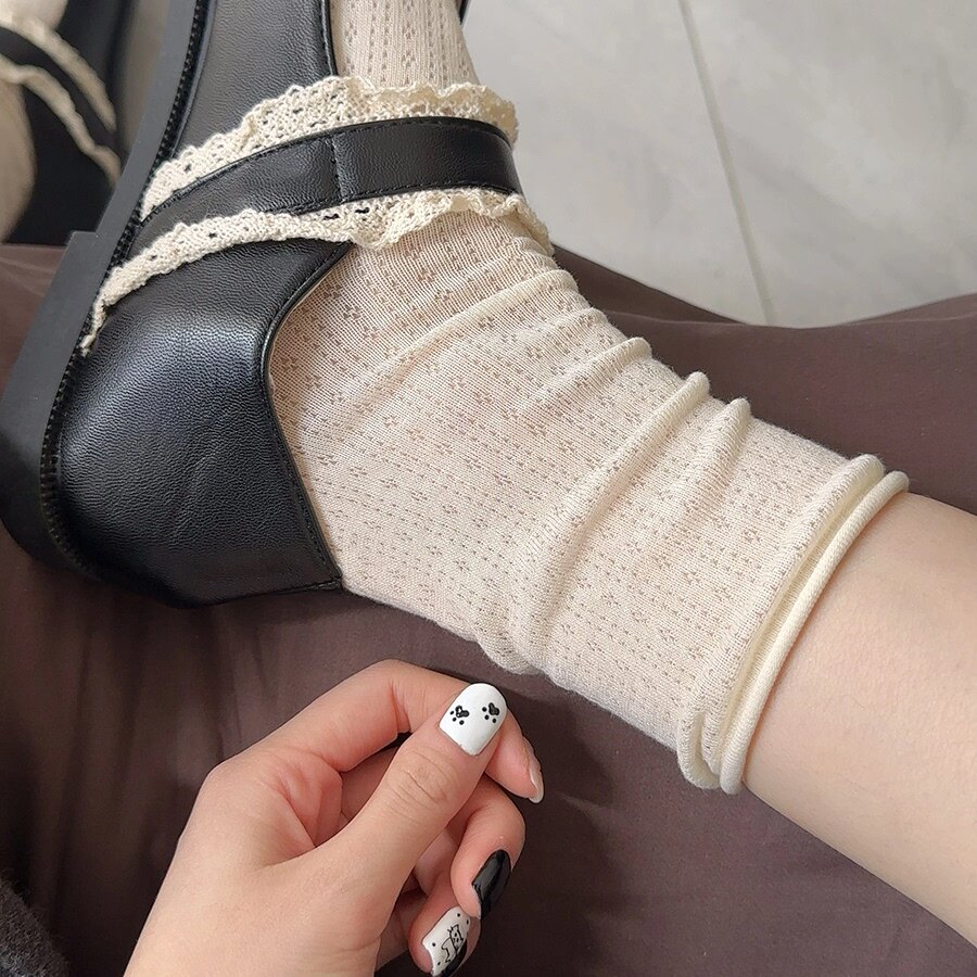 纯棉春夏季薄jk镂空卷边堆堆袜