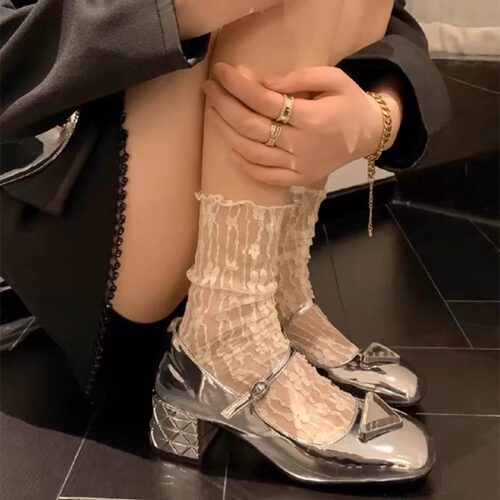 白色蕾丝袜子女夏季薄款玛丽珍网纱堆堆袜中筒甜美lolita短筒丝袜