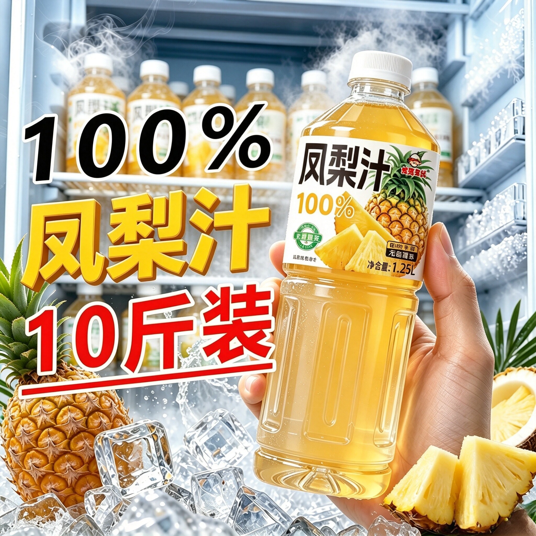 【满10斤】100%凤梨汁1.25L*2瓶酸甜解渴家用果汁饮料新日期特价