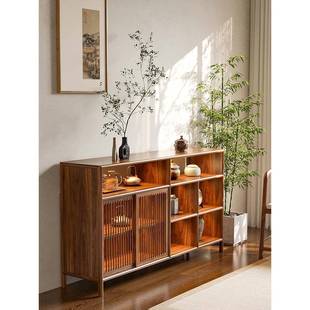 鲜堂新中式实木餐具柜茶侧柜黑胡桃色储物柜入口柜低柜茶柜