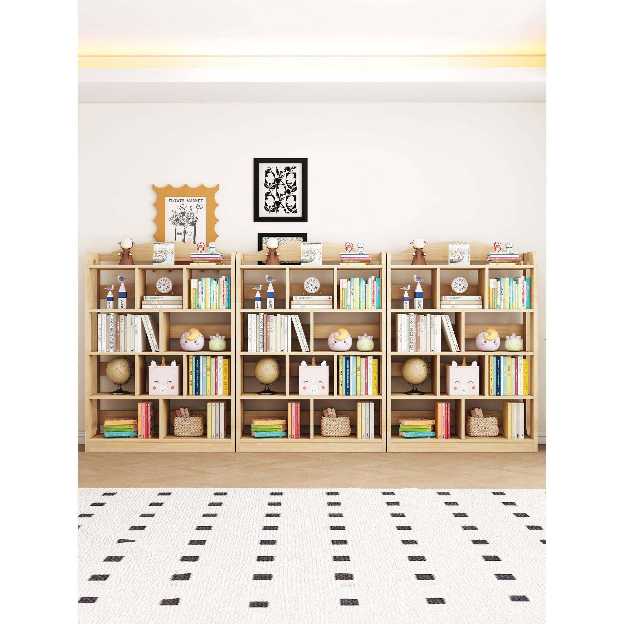 实木书架落地置物架简易家用儿童书柜一体靠墙格子柜矮柜置物柜,住宅家具,书架,淘宝优惠券,粉丝福利购,淘宝优惠卷