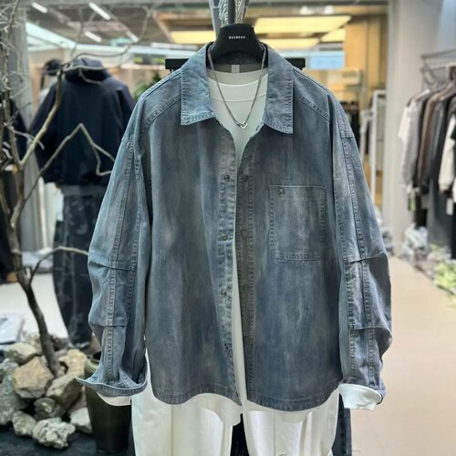 美式复古男宽松做旧牛仔衬衫