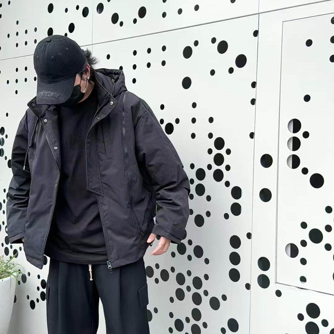 潮牌真两件连帽羽绒服男士冬季