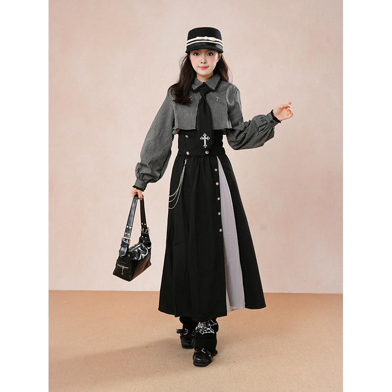 【十字颂歌】2026秋季条纹哥特显瘦衬衫十字腰封装饰不对称套装裙,女装/女士精品,时尚套装,淘宝优惠券,粉丝福利购,淘宝优惠卷