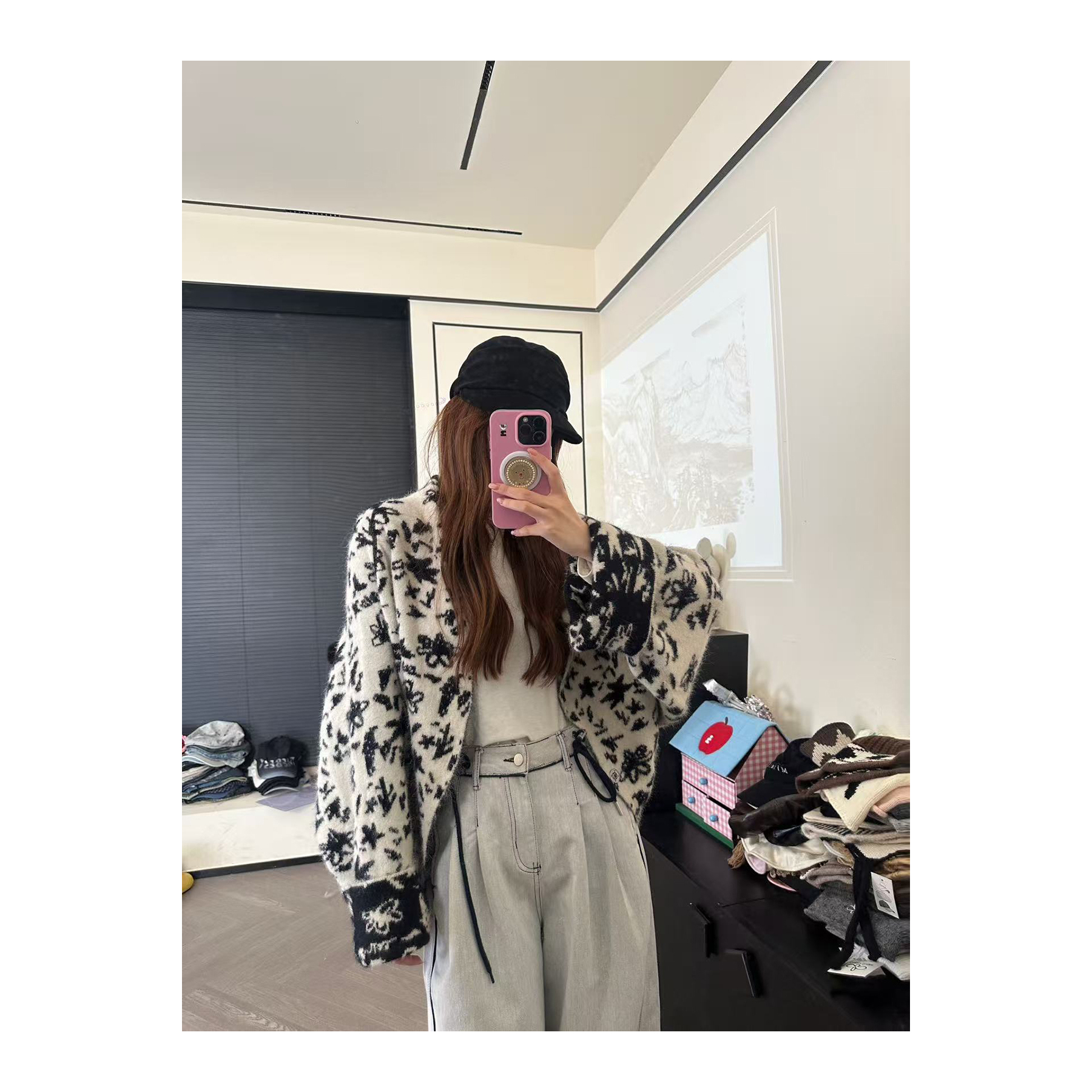 CHACHA【北欧甜妹】黑白雪花蝙蝠袖毛衣外套