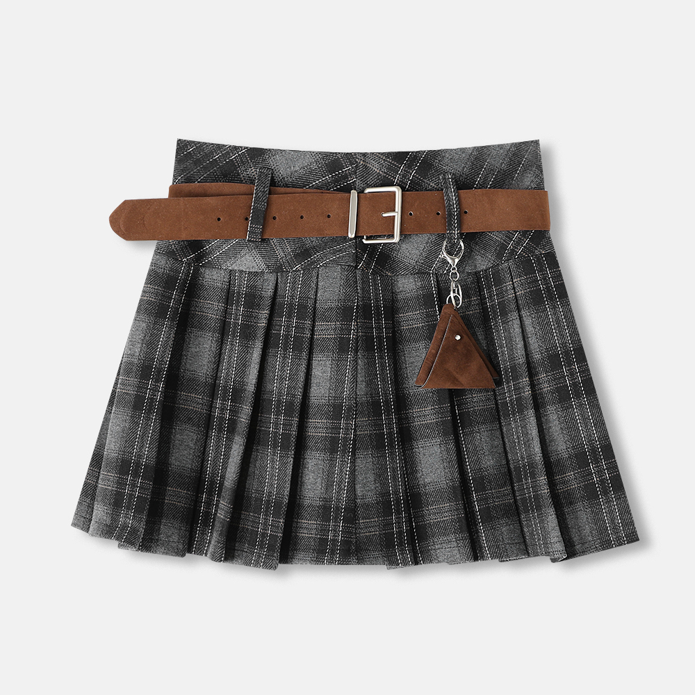 【昕怡粉丝专享】毛呢格纹半身裙高腰a字百褶短裙