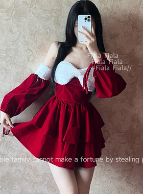 Fiala圣诞新年战袍红色丝绒连衣裙子女冬季小个子气质公主蓬蓬裙